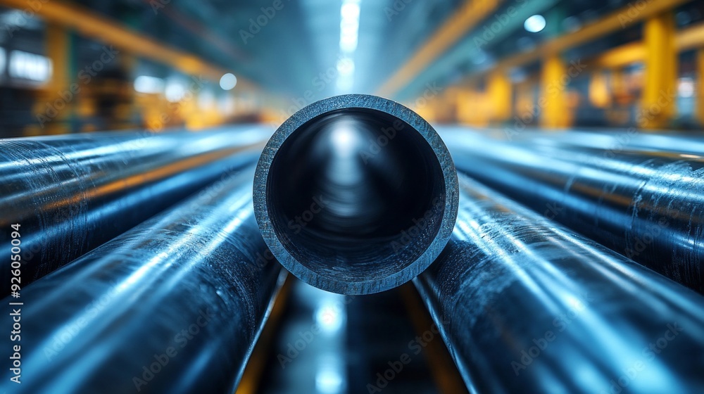 Poster an array of steel pipes stretches into the distance, illuminated by soft ambient lighting in a bustl