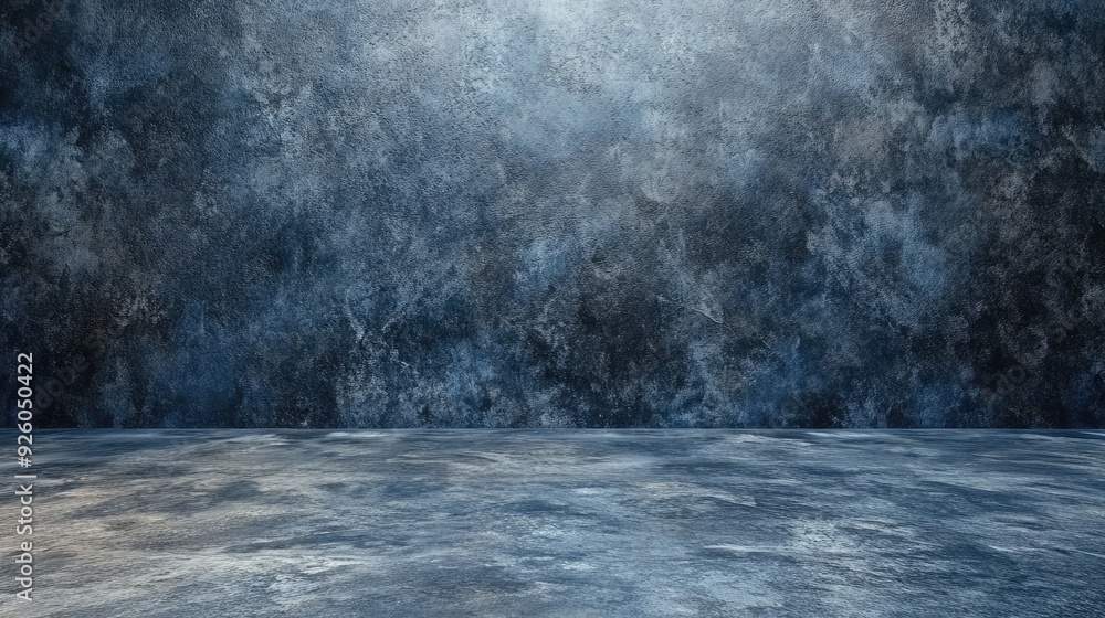 Poster blue concrete wall with floor. this image is ideal for creating a moody or industrial backdrop for p