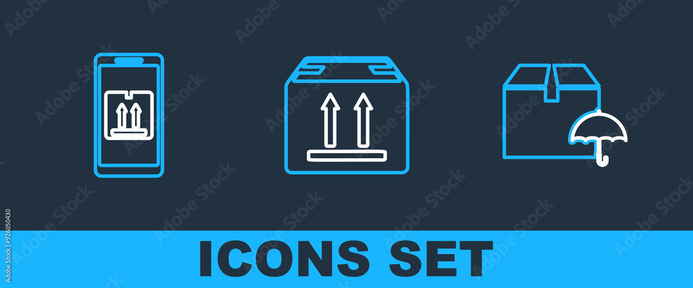 Poster set line delivery package with umbrella, mobile app tracking and cardboard box traffic icon. vector