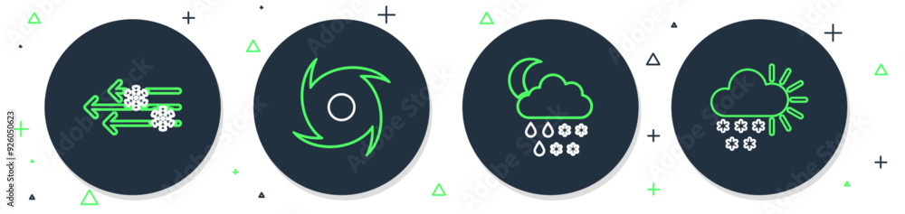 Sticker set line tornado, cloud with snow, rain, moon, wind and and cloudy icon. vector