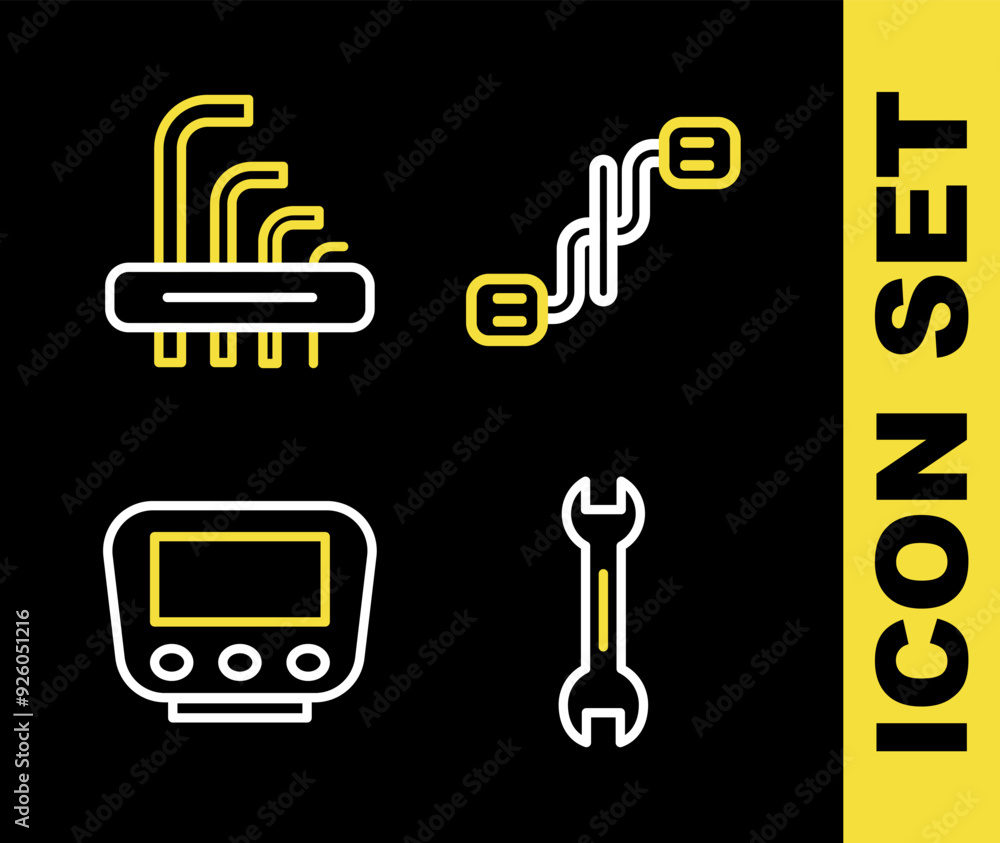 Poster set line bicycle pedals, wrench spanner, speedometer and tool allen keys icon. vector