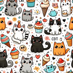 Cute Cat Doodle Seamless Pattern with Sweet Treats and Stars