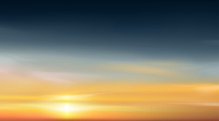 Sunset,Sky Cloud Background,Sunrise with Yellow,Orange,Blue Sky.Winter Nature Landscape Dramatic Golden Hour with twilight Sky in Evening after Sun Dawn,Vector Horizon Summer sundown by Sea Beach