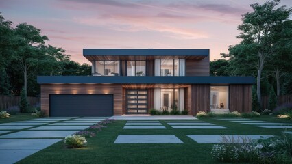 Fototapeta premium Modern home with entrance and front yard.