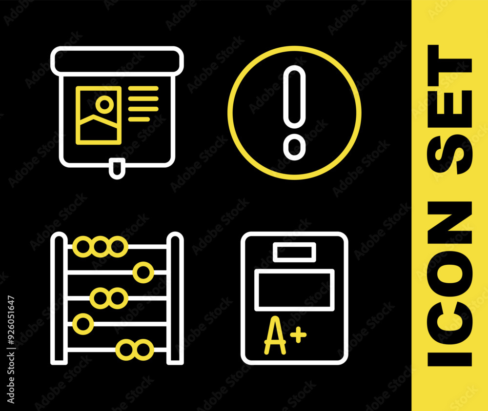 Aufkleber set line speech bubble and exclamation, exam sheet with a plus grade, abacus and projection screen i