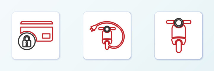 Set line Scooter, Credit card with lock and Electric scooter icon. Vector
