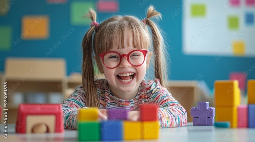 Poster a cheerful child grins widely while creating with vibrant building blocks in a bright classroom
