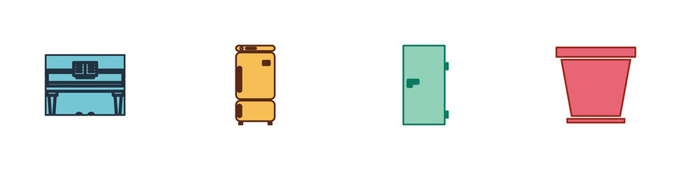 Set Grand piano, Refrigerator, Closed door and Flower pot icon. Vector