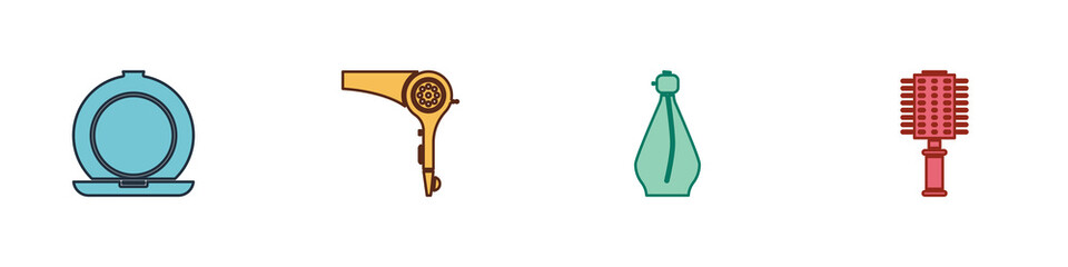 Set Makeup powder with mirror, Hair dryer, Perfume and Hairbrush icon. Vector