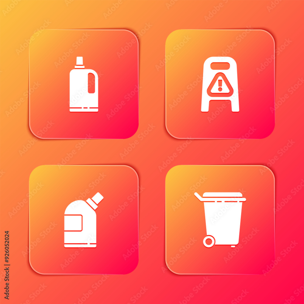 Poster set fabric softener, wet floor and cleaning in progress, bottles for agent and trash can icon. vecto