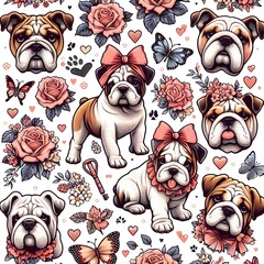 Cute Bulldog Puppy Pattern with Flowers and Butterflies
