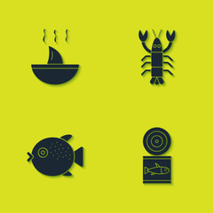 Set Shark fin soup, Canned fish, Puffer and Lobster icon. Vector