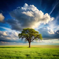Fototapeta premium Beautiful landscape with lonely tree on the meadow under cloudy sky