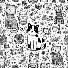 Seamless Pattern of Cute Cats and Doodle Elements