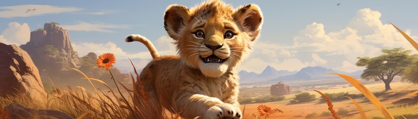 Obraz premium A friendly lion cub playing in the savanna in a sunny illustration