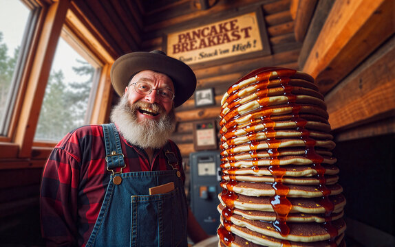 Cheerful Bearded Artisan in a Rustic Cabin Serving a Towering Stack of Pancakes with Maple Syrup