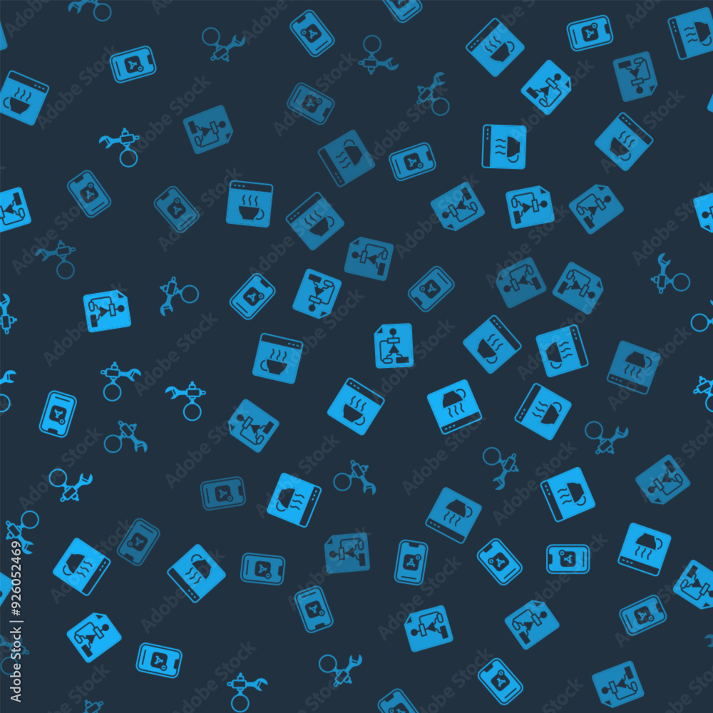 Poster set mobile apps, software, flowchart and debugging on seamless pattern. vector