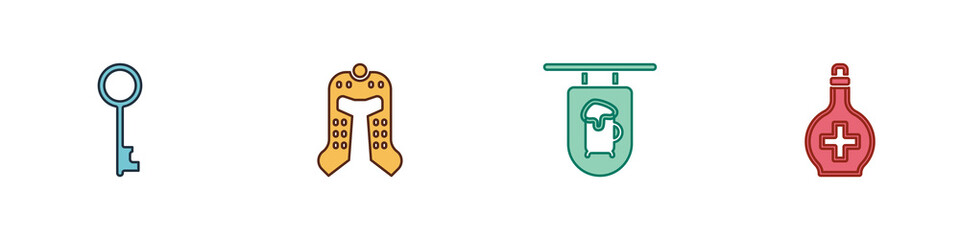 Set Old key, Medieval helmet, Street signboard with Bar and Bottle potion icon. Vector