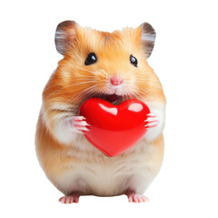 Cute friendly hamster holding a red heart, showcasing warmth and affection in a bright setting