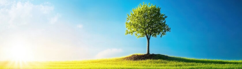 Fototapeta premium Majestic Oak Tree Standing Tall, Symbol of Resilience and Strength, with Copy Space for Text in Clear Sky Background