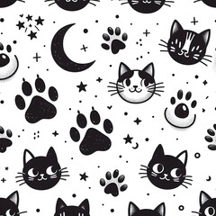 Seamless Pattern of Cats, Paw Prints, Stars, and Moons