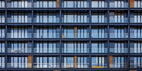 Obraz premium Close-up of a modern building facade featuring large reflective windows and a structured design