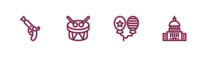 Set line Vintage pistols, Balloons, Drum and drum sticks and White House icon. Vector
