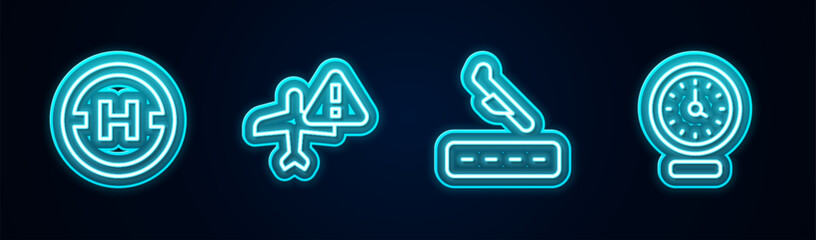 Obraz premium Set line Helicopter landing pad, Warning aircraft, Plane and Clock. Glowing neon icon. Vector