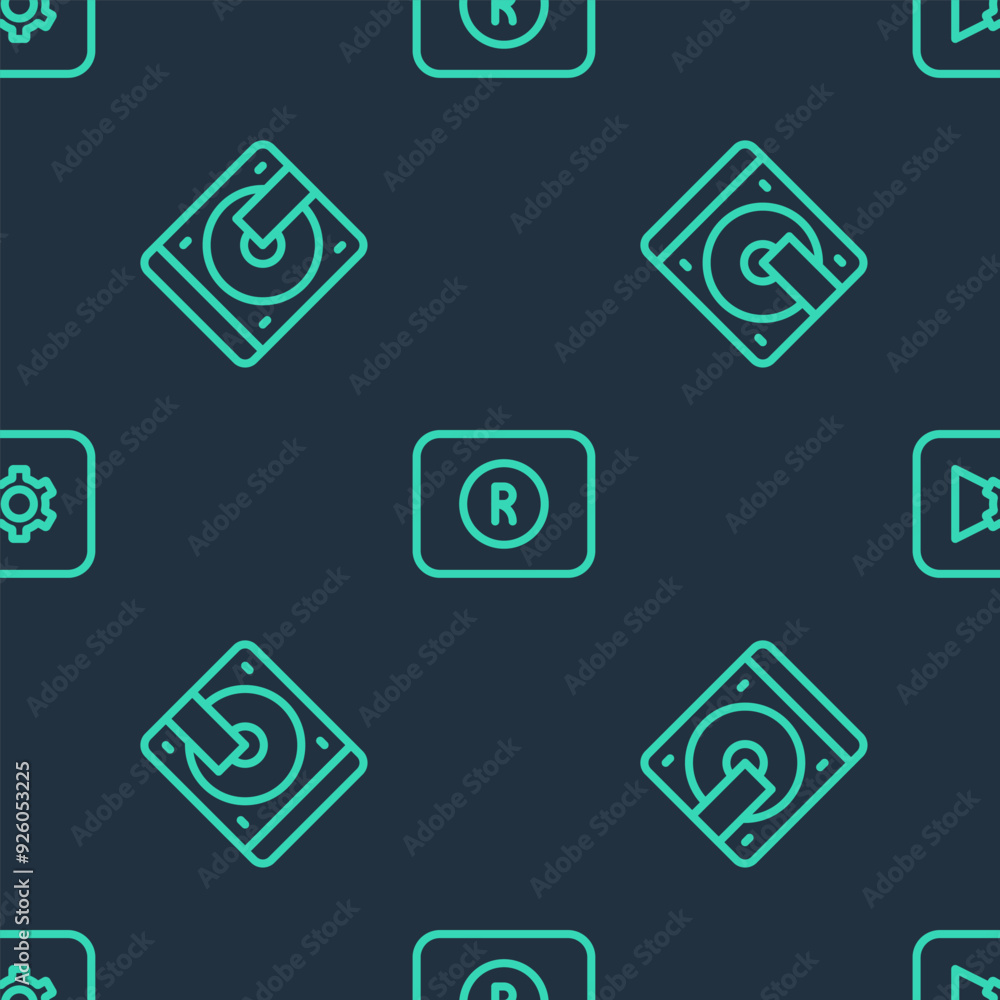 Poster set line record button, vinyl player with vinyl disk and music video settings on seamless pattern. v