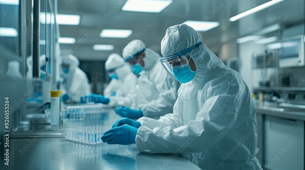 Poster skilled engineers in protective gear collaborate meticulously in an advanced laboratory, focused on 