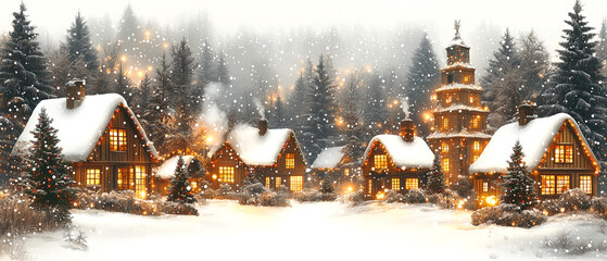 Fototapeta premium Christmas Village on a Transparent Background, xmas, holiday, traditional, winter, ice, New Year, Gift, Snow, party, Santa, Festive, Fireworks, png file, cut off bg, 300 dpi