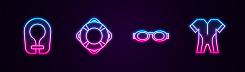Set line Life jacket, Lifebuoy, Glasses for swimming and Wetsuit scuba diving. Glowing neon icon. Vector