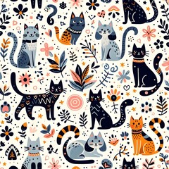 Cute Cat Seamless Pattern with Flowers and Leaves