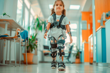 A little Caucasian girl who was taught to walk by medical staff is recovering from an injury with the help of an exoskeleton at a rehabilitation center