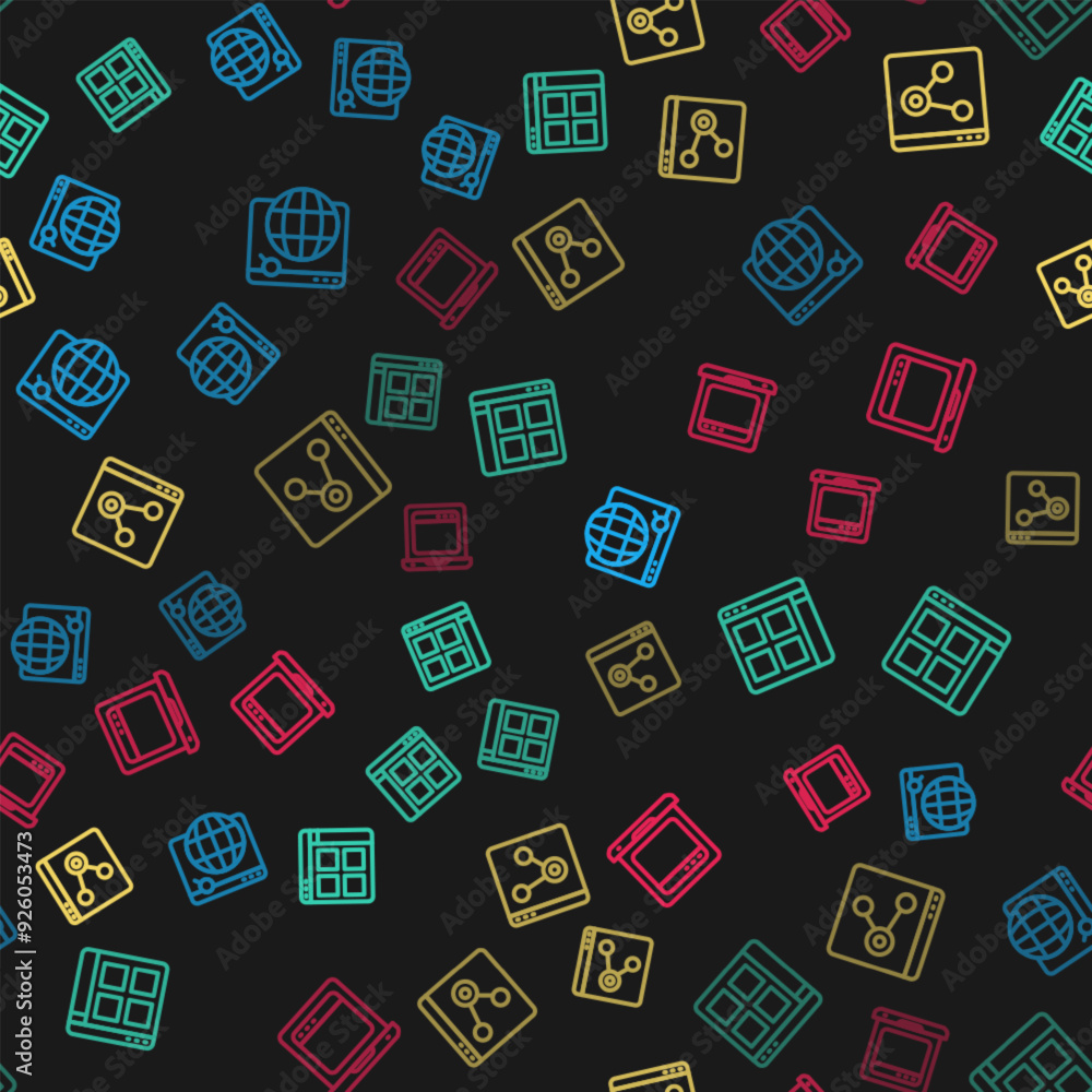 Poster set line search engine, browser files, window and laptop with browser on seamless pattern. vector