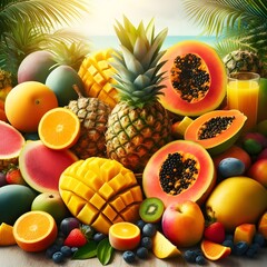 Tropical Fruit Feast A Vibrant Still Life of Fresh Exotic Fruits