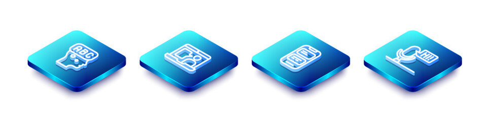Set Isometric line Learning foreign languages, Foreign online study, Online translator and Microphone voice device icon. Vector