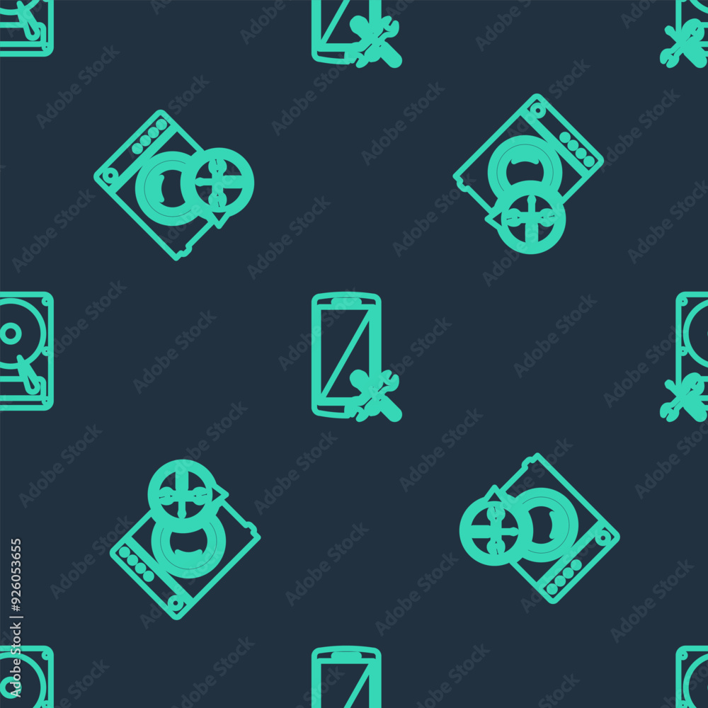 Poster set line smartphone service, washer and hard disk drive on seamless pattern. vector