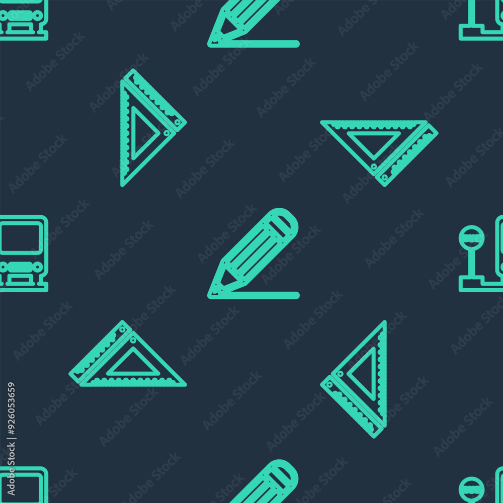Poster set line pencil and line, triangular ruler and bus stop on seamless pattern. vector