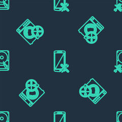 Set line Smartphone service, Washer and Hard disk drive on seamless pattern. Vector