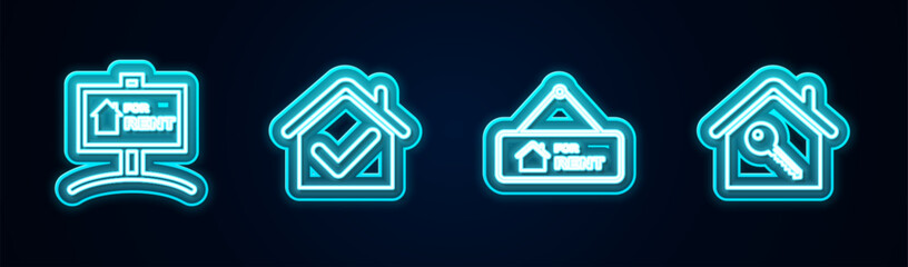 Set line Hanging sign with For Rent, House check mark, and key. Glowing neon icon. Vector