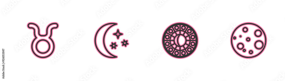 Wall mural set line taurus zodiac, astrology horoscope circle, moon and stars and icon. vector