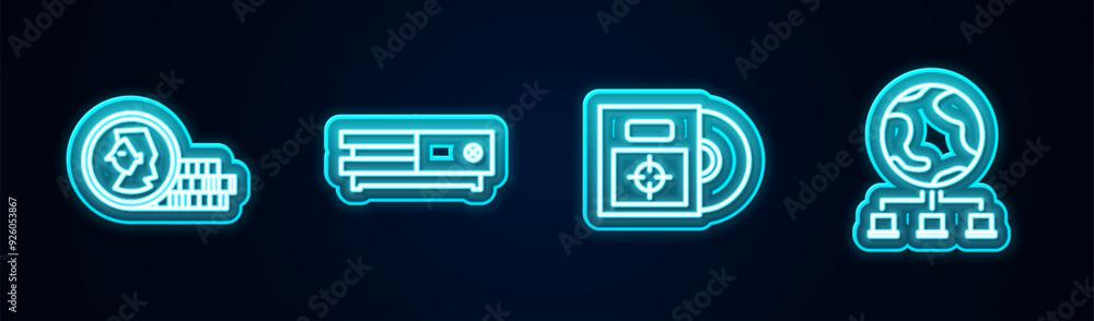 Aufkleber set line coin for game, video console, cd dvd disk box and computer network. glowing neon icon. vect