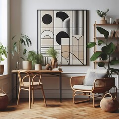 Modern Minimalist Living Room Interior with Geometric Wall Art