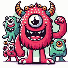 Fototapeta premium funny cute colorful monsters standing side by side, vector set illustration