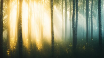 A blurred forest background with sunlight filtering through the trees, ideal for serene and natural designs