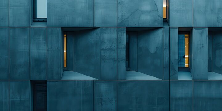 Close-up of modern architectural facade with geometric patterns and illuminated windows