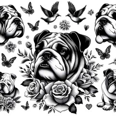 Bulldog with Flowers and Birds Tattoo Design