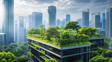 Fototapeta premium A conceptual image of a green rooftop garden with trees and plants against a modern cityscape, promoting eco-friendly urban living