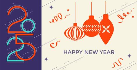 Minimalists Creative Design to 2025 Happy New Year Celebration. Banner with a Christmas Tree decorative Toys. Vector Illustration